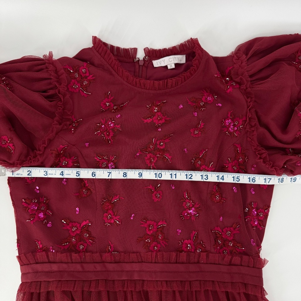 Ivy City Co. Anastasia Dress Sz M Dark Red Midi Embellished Tulle Holiday Party - Picture 13 of 14